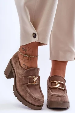 Eleganckie Półbuty Na Słupku Ze Złotą Ozdobą Ciemnobeżowe Lemar Harmell