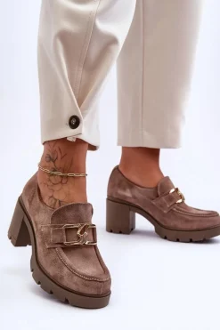 Eleganckie Półbuty Na Słupku Ze Złotą Ozdobą Ciemnobeżowe Lemar Harmell