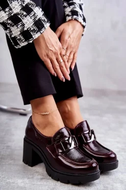 Eleganckie Półbuty Na Słupku Ze Srebrną Ozdobą Bordowe Harmell