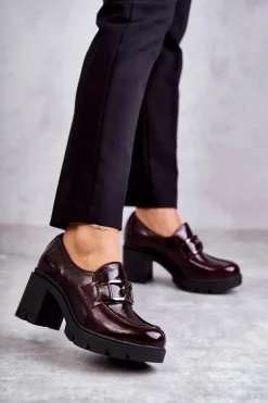 Eleganckie Półbuty Na Słupku Ze Srebrną Ozdobą Bordowe Harmell