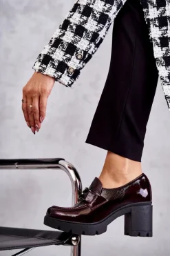 Eleganckie Półbuty Na Słupku Ze Srebrną Ozdobą Bordowe Harmell