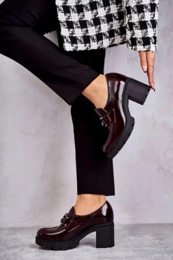 Eleganckie Półbuty Na Słupku Ze Srebrną Ozdobą Bordowe Harmell