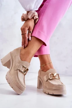 Eleganckie Półbuty Na Słupku Ze Złotą Ozdobą Jasnobeżowe Lemar Harmell