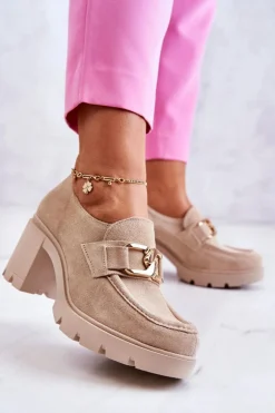 Eleganckie Półbuty Na Słupku Ze Złotą Ozdobą Jasnobeżowe Lemar Harmell