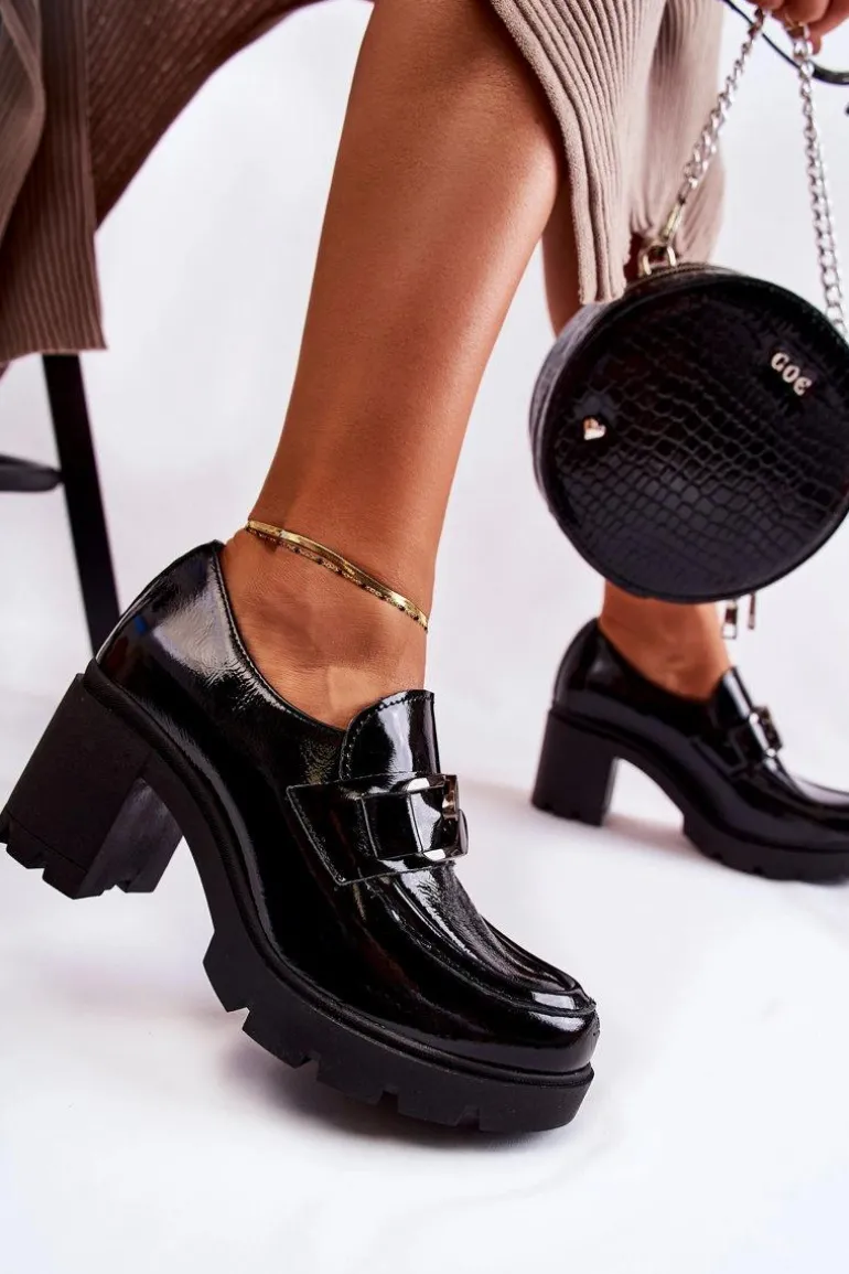 Eleganckie Półbuty Na Słupku Ze Srebrną Ozdobą Czarne Lemar Harmell