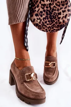 Eleganckie Półbuty Na Słupku Ze Złotą Ozdobą Ciemnobeżowe Lemar Harmell