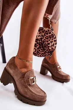 Eleganckie Półbuty Na Słupku Ze Złotą Ozdobą Ciemnobeżowe Lemar Harmell