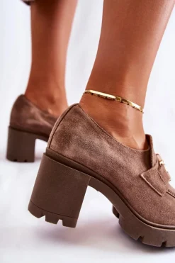 Eleganckie Półbuty Na Słupku Ze Złotą Ozdobą Ciemnobeżowe Lemar Harmell