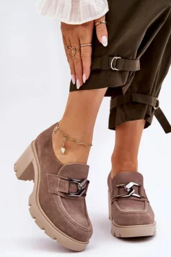 Eleganckie Półbuty Na Słupku Z Ciemnosrebrną Ozdobą Beżowe Lemar Harmell