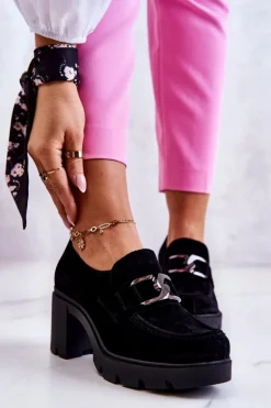 Eleganckie Półbuty Na Słupku Z Ciemną Ozdobą Czarne Lemar Harmell