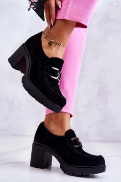 Eleganckie Półbuty Na Słupku Z Ciemną Ozdobą Czarne Lemar Harmell