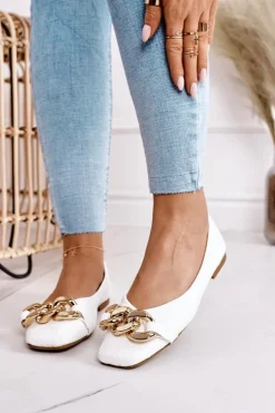 Eleganckie Pikowane Baleriny Z Łańcuchem Białe Coco