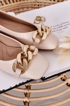 Eleganckie Pikowane Baleriny Z Łańcuchem Beżowe Coco