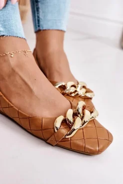 Eleganckie Pikowane Baleriny Z Łańcuchem Camel Coco