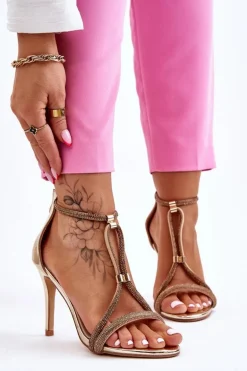 Eleganckie Sandałki Na Szpilce Z Dżetami Złote Jenesis