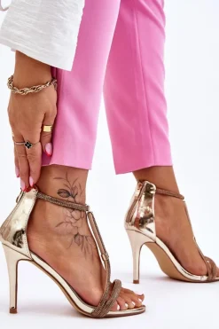 Eleganckie Sandałki Na Szpilce Z Dżetami Złote Jenesis