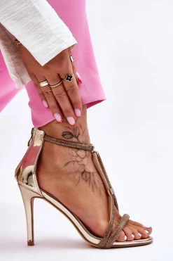 Eleganckie Sandałki Na Szpilce Z Dżetami Złote Jenesis