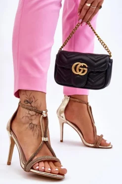 Eleganckie Sandałki Na Szpilce Z Dżetami Złote Jenesis