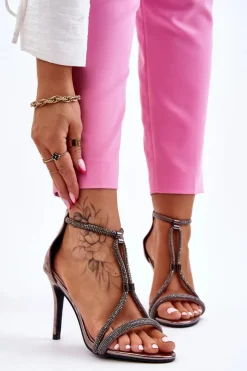 Eleganckie Sandałki Na Szpilce Z Dżetami Srebrne Jenesis