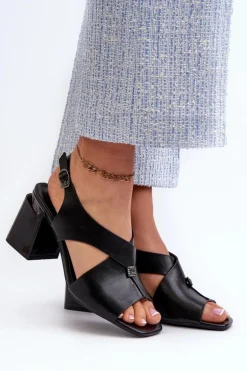 Eleganckie Sandały Damskie Na Obcasie Słupku Eko Skórzane Czarne Asellesa