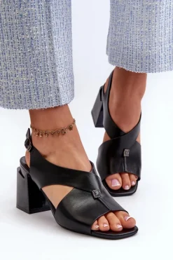 Eleganckie Sandały Damskie Na Obcasie Słupku Eko Skórzane Czarne Asellesa