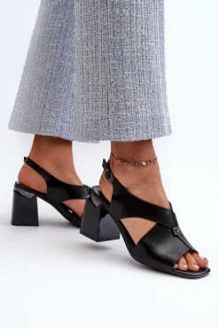 Eleganckie Sandały Damskie Na Obcasie Słupku Eko Skórzane Czarne Asellesa