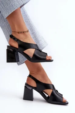 Eleganckie Sandały Damskie Na Obcasie Słupku Eko Skórzane Czarne Asellesa