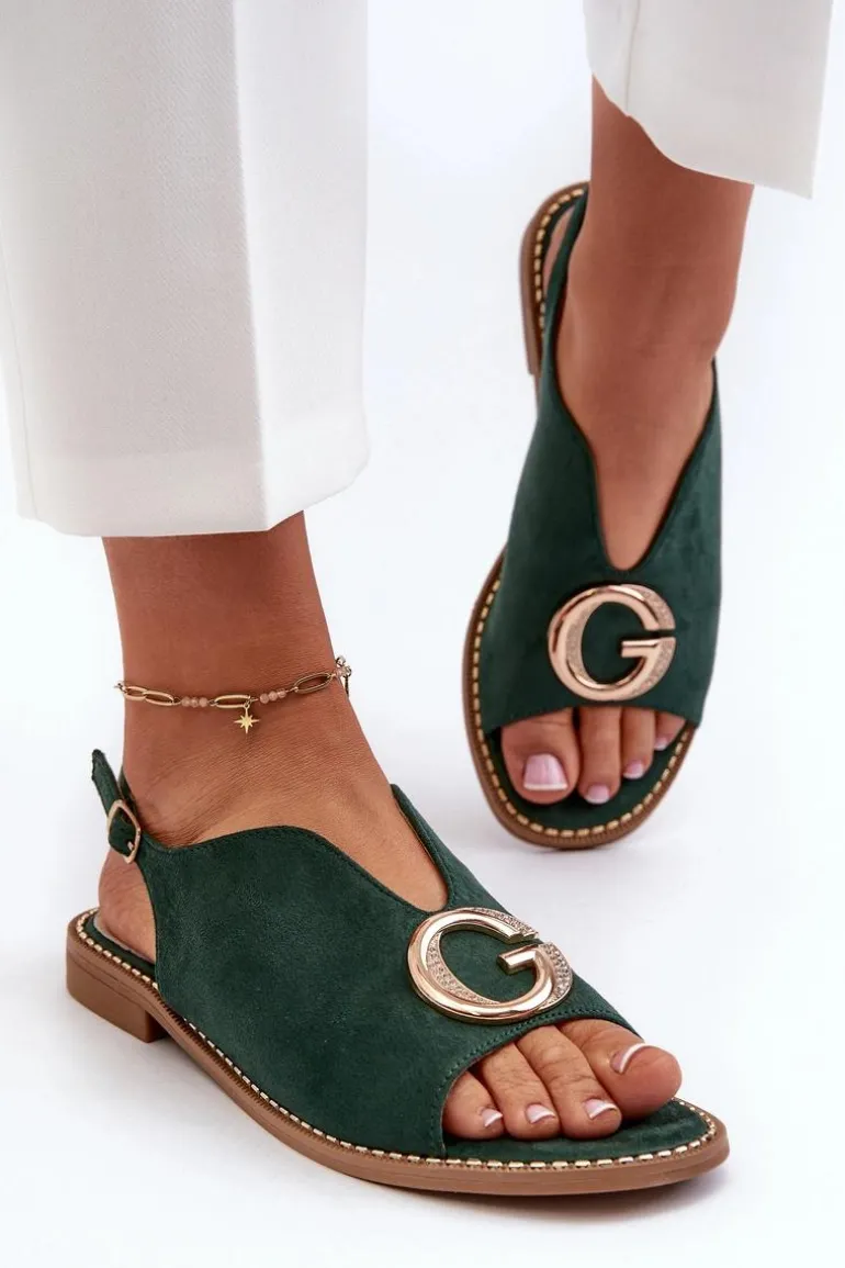 Eleganckie Sandały Damskie Z Ozdobą Eko Zamszowe S.Barski KV27-058 Zielone