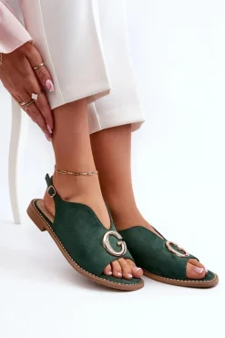 Eleganckie Sandały Damskie Z Ozdobą Eko Zamszowe S.Barski KV27-058 Zielone