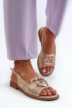 Eleganckie Sandały Damskie Ze Złotą Ozdobą Na Płaskim Obcasie Złote S.Barski KV27-053