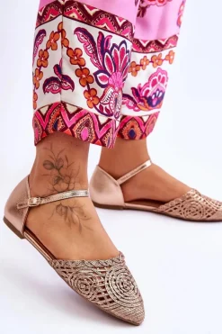 Eleganckie Sandały Damskie Płaskie Różowe Złoto Sheia