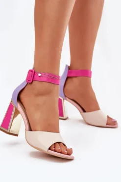 Eleganckie Sandały Damskie Na Słupku Beżowo-Różowe Rosazara