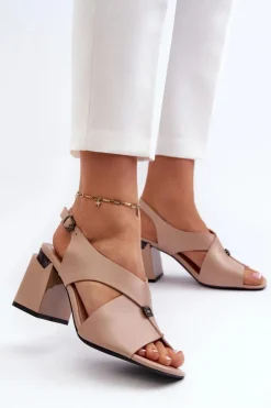Eleganckie Sandały Damskie Na Obcasie Słupku Eko Skórzane Beżowe Asellesa