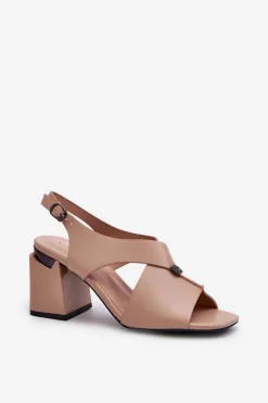 Eleganckie Sandały Damskie Na Obcasie Słupku Eko Skórzane Beżowe Asellesa