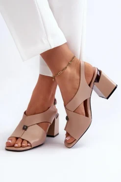 Eleganckie Sandały Damskie Na Obcasie Słupku Eko Skórzane Beżowe Asellesa