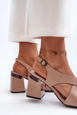 Eleganckie Sandały Damskie Na Obcasie Słupku Eko Skórzane Beżowe Asellesa