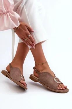 Eleganckie Sandały Damskie Z Ozdobą Eko Zamszowe S.Barski KV27-058 Brązowe