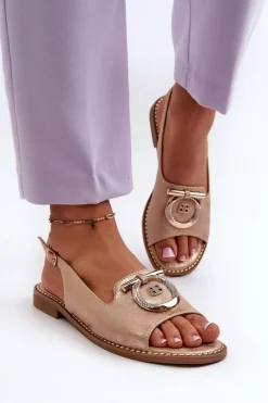 Eleganckie Sandały Damskie Ze Złotą Ozdobą Na Płaskim Obcasie Różowe Złoto S.Barski KV27-053