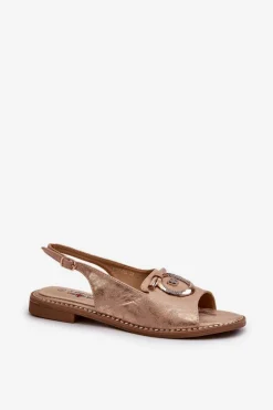 Eleganckie Sandały Damskie Ze Złotą Ozdobą Na Płaskim Obcasie Różowe Złoto S.Barski KV27-053