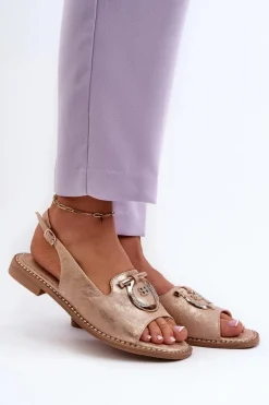 Eleganckie Sandały Damskie Ze Złotą Ozdobą Na Płaskim Obcasie Różowe Złoto S.Barski KV27-053