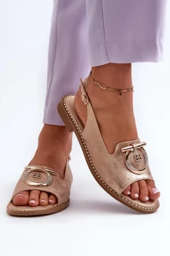 Eleganckie Sandały Damskie Ze Złotą Ozdobą Na Płaskim Obcasie Różowe Złoto S.Barski KV27-053