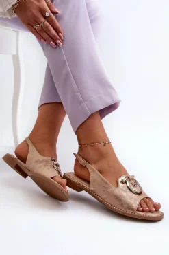 Eleganckie Sandały Damskie Ze Złotą Ozdobą Na Płaskim Obcasie Różowe Złoto S.Barski KV27-053