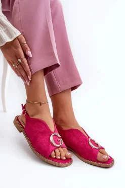 Eleganckie Sandały Damskie Z Ozdobą Eko Zamszowe S.Barski KV27-058 Fuksja