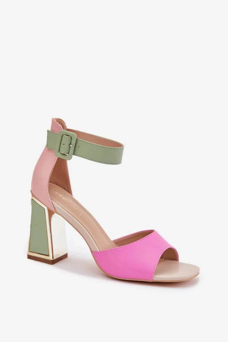 Eleganckie Sandały Damskie Na Słupku Różowo-Zielone Rosazara
