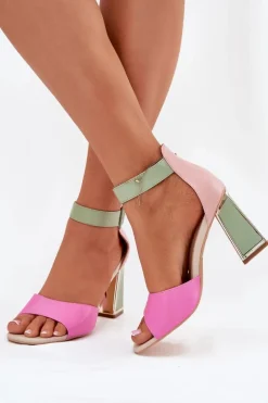 Eleganckie Sandały Damskie Na Słupku Różowo-Zielone Rosazara