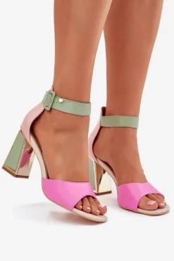Eleganckie Sandały Damskie Na Słupku Różowo-Zielone Rosazara