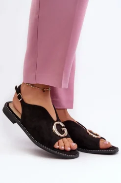 Eleganckie Sandały Damskie Z Ozdobą Eko Zamszowe S.Barski KV27-058 Czarne