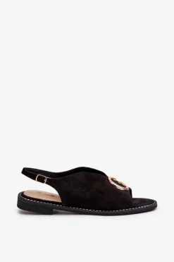 Eleganckie Sandały Damskie Z Ozdobą Eko Zamszowe S.Barski KV27-058 Czarne