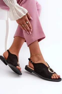 Eleganckie Sandały Damskie Z Ozdobą Eko Zamszowe S.Barski KV27-058 Czarne