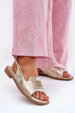 Eleganckie Sandały Damskie Na Płaskim Obcasie Z Ozdobą S.Barski KV51-082 Złote